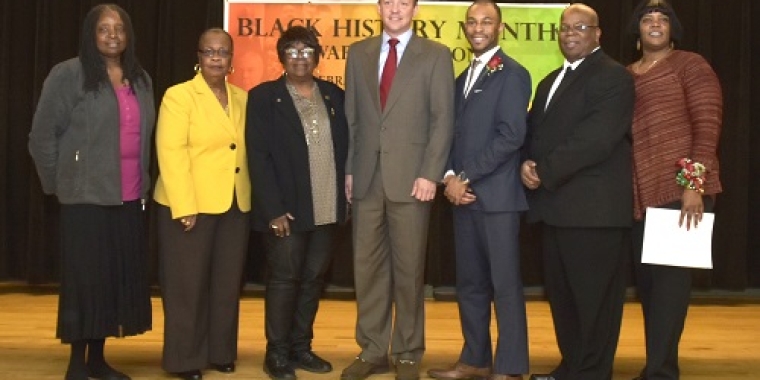 L to R: Dr. Williams, Florence Joyner, Joann Neal, Senator Croci, Matthew Moore, Deacon Rick Reddick for Rev. Lawrence Mosley, Jr, Juanita Samuels