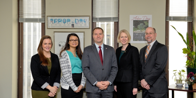 Pictured from left to right: SUNY Brockport Student Kelly Valente of Mottville, NY; SUNY Brockport Student Mariel Rivera of Webster, NY; Senator Rob Ortt; SUNY Brockport President Dr. Heidi Macpherson; SUNY Brockport Chief Communications Officer David Mihalyov.