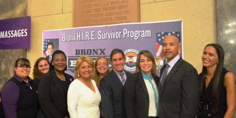 PHOTO (right to left): Michelle Dolgow Cristofaro, executive director of the Bronx Chamber of Commerce; Bronx Borough President Ruben Diaz Jr.; Margarita, a domestic violence survivor; Senator Jeff Klein; Maria Martinez, Bronx non-residential program coordinator at the Violence Intervention Program; Charito Cisneros, president of the Cosmetology and Beauty Chamber of Commerce; domestic violence service providers.