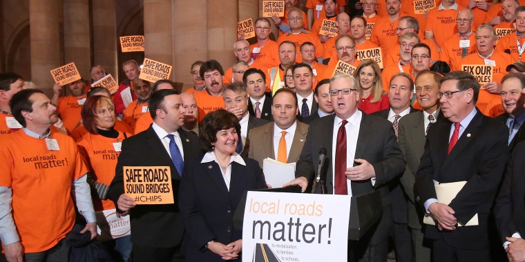 Senator O'Mara and Assemblyman Palmesano with local highway superintendents at the Capitol earlier this year.