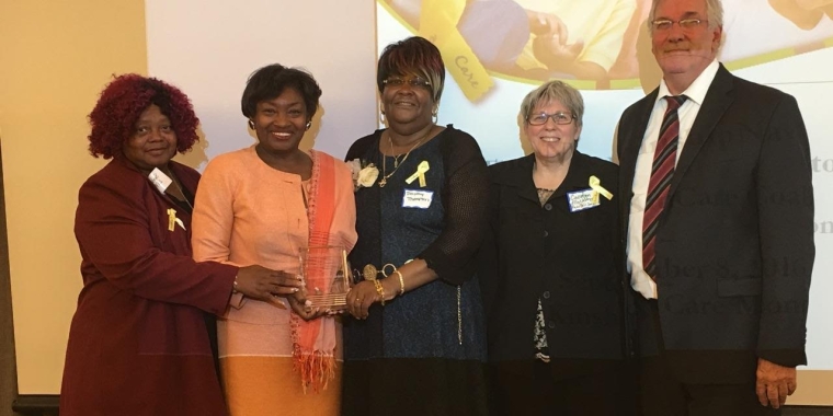 Photo L-R: Sandra Little (GrandPower Advocate), Senator Andrea Stewart-Cousins, Dorothy Thompson (GrandPower Advocate), Carolyn Fluckinger (Director of Kinship Support Program for Family Services of Yonkers), Gerard Wallace (Director of NYS Kinship Navigator)