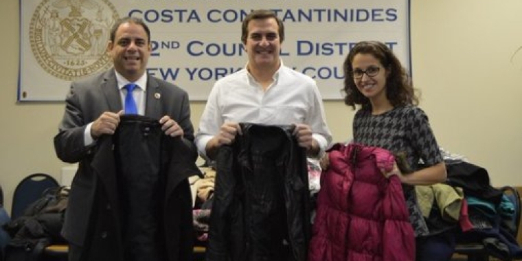City Councilman Costa Constantinides (l.-r.), state Sen. Michael Gianaris and Assemblywoman Aravella Simotas collect winter coats for families in need.