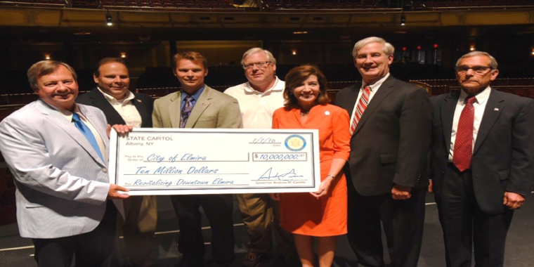 From left to right: Elmira Mayor Daniel Mandell, Assemblyman Phil Palmesano, Assemblyman Chris Friend, Senator O'Mara, Lieutenant Governor Hochul, Tom Tranter (co-chair of the Southern Tier REDC), and Chemung County Executive Tom Santulli.