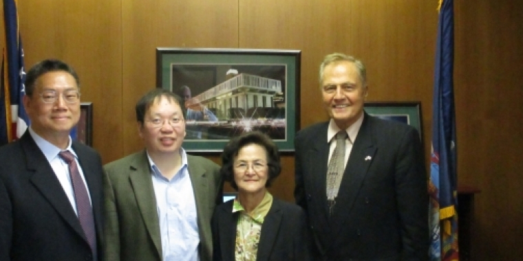 Senator Bonacic is pictured with (L-R), Joe Zhao, Sr., Senior Vice President, Peter Li, Vice President for Academic Affairs, and Helena Chang.