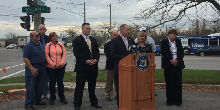 Senator Kennedy, Legislator Burke, Supervisor Holtz, elected officials, and the family of Chelsea Chandler announce major changes to Harlem-Walden intersection.