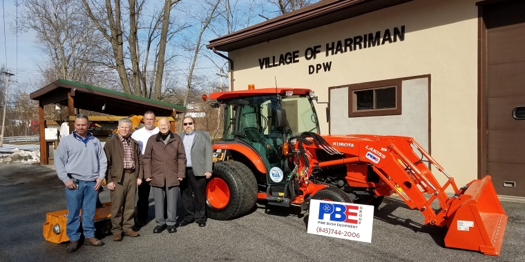 From left to right: Department of Public Works Superintendent John Mulligan, Dave Conero from Pine Bush Equipment, Motor Equipment Operator Kenneth Gopal, NYS Senator Bill Larkin and Village of Harriman Mayor Steve Welle. Posing in front of a new tractor with hydraulic mower and snow box that was purchased with the help of a $75,000 grant from Senator Larkin.