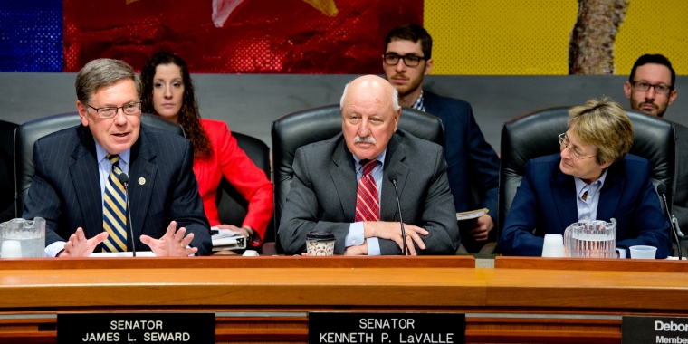Senator James L. Seward makes opening remarks during the higher education budget conference committee meeting. From left, Senator Seward, Senator Kenneth LaValle, Assemblymember Deborah Glick.