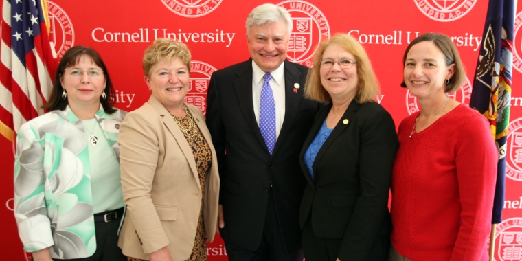 Pictured left to right are: Dr. Olga Padilla-Zakour, Professor and Chair; Dr. Kathryn Boor, Dean of Cornell University's College of Agriculutre and Life Sciences; Senator Mike Nozzolio; Dr. Susan Brown, Director of the New York State Agricultural Expirement Station; and Dr. Betsy Bihn, Director of the Institute for Food Safety