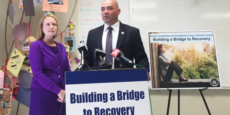 Senator Akshar joins ACBC Executive Director Carmela Pirich to announce the introduction of ambulatory detox in Broome County.