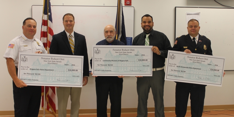 Pictured at the NFPD from left to right: Niagara Falls Police Superintendent Bryan DalPorto; Senator Ortt; Community Missions Associate Dir. Joseph Sbarbati; Community Missions Parole Re-Entry Coordinator Eric Boerdner; and North Tonawanda Police Captain Thomas Krantz.