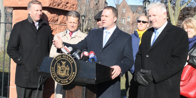 Senators Pat Gallivan, Rob Ortt, Chris Jacobs and Assemblymember Michael Kearns stand in front of the Buffalo Psychiatric Center to call on Governor Cuomo and the Office of Mental Health to keep the WNY Children’s Psychiatric Center at its current location in West Seneca.