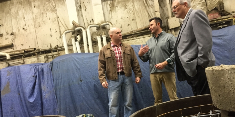 Senator Fred Akshar touring Binghamton Precast & Supply Corp. VP Kevin Balachick (center) and Ronald Thornton (right), Executive Director of the Precast Concrete Association of New York and former Binghamton Precast employee.
