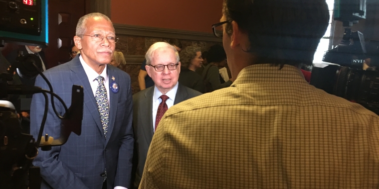 Senator Jackson and lead CFE lawyer Michael Rebell give an interview to media