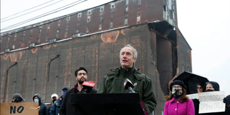 Senator Sean Ryan, Assemblymember Jon Rivera, and Jessie Fisher at a Jan. 9 press conference to urge saving the Great Northern Grain Elevator. (Photo: Sharon Cantillon, The Buffalo News)