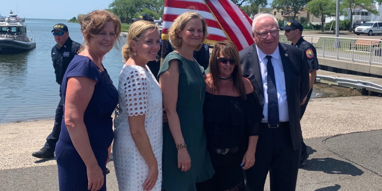 Assemblywoman Judy Griffin, Hempstead Supervisor Laura Gillen, Nassau Executive Laura Curran, Boater Safety Advocate Gina Lienek, and Senator John Brooks at the Wantagh Park Marina
