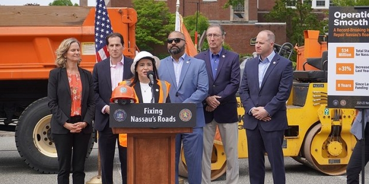 (L to R): Nassau County Executive Laura Curran, NYS Senator Todd Kaminsky, NYS Senator Anna M. Kaplan, NYS Senator Kevin Thomas, NYS Senator Jim Gaughran, NYS Senator Tim Kennedy.