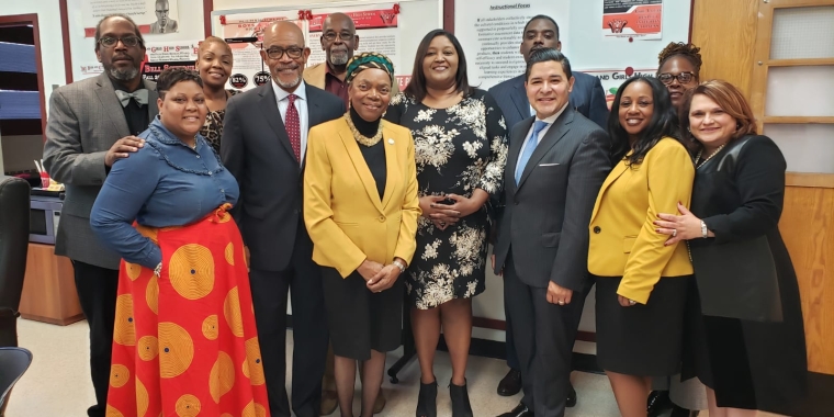 Boys and Girls High School Campus welcomes Chancellor Carranza. (ll to r): Tabari Bomani, Principal of Nelson Mandela School for Social Justice, Allison Farrington, Principal of Research and Service HS, Twila Evanson, Regent Lester Young, Dr. Albert Vann, State Senator Velmanette Montgomery, Executive Superintended Karen Watts, Chancellor Richard Carranza, Grecian Harrison, Principal of Boys and Girls High School, Stefani Zinerman, Brooklyn HS Superintendent Janice Ross