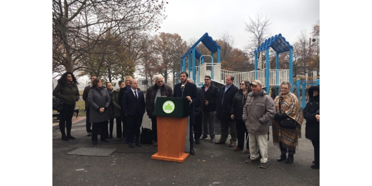 State Sen. Andrew Gounardes (at podium) said the renovation “will improve not just the park but the quality of life for the people and families living around it.”