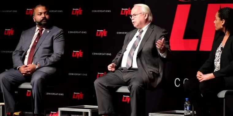 Senator Thomas and Fred Freiberg, Executive Director of the Fair Housing Justice Center, at a Newsday Live event discussing housing discrimination on Long Island.