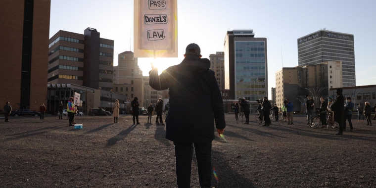 Black Lives Matter activists gather at Parcel 5 before marching through the streets of Rochester on March 23 to mark the one-year anniversary of Daniel Prude's fatal encounter with city police. CREDIT MAX SCHULTE | WXXI NEWS