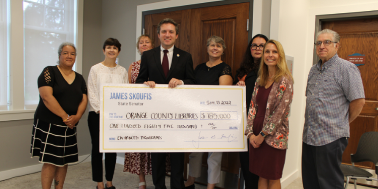 Senator Skoufis presents library leadership from around Orange County with funding totaling $185,000