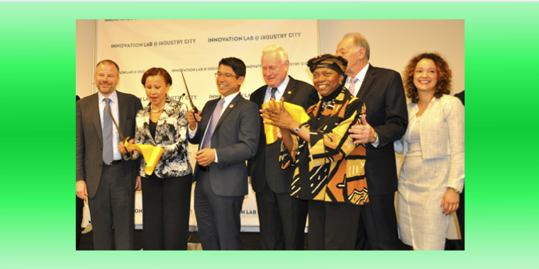 (L-R) Andrew Kimball, Congresswoman Nydia Velasquez, Councilman Carlos Menchaca, Senator Martin Golden, Senator Velmanette Montgomery, Dr. Russell Hotzler, and Crystal Rivera
