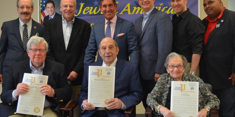 Photo caption (l-r): Congressman Eliot Engel, Assemblyman Jeffrey Dinowitz, Senator Jeff Klein, Councilman Andrew Cohen, District Leader Eric Dinowitz, and State Committeeman Kenny Agosto join honorees Andy Wolf (The Riverdale Review and The Bronx Press Review), Robert Rubenstein (Riverdale Senior Services), and Sylvia Lask (community leader) during Senator Klein’s Jewish Heritage Month celebration.
