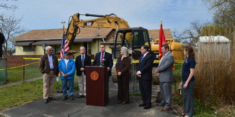 Officials and Community Members Attend the Demolition of a House in Mastic Beach Village, April 2016
