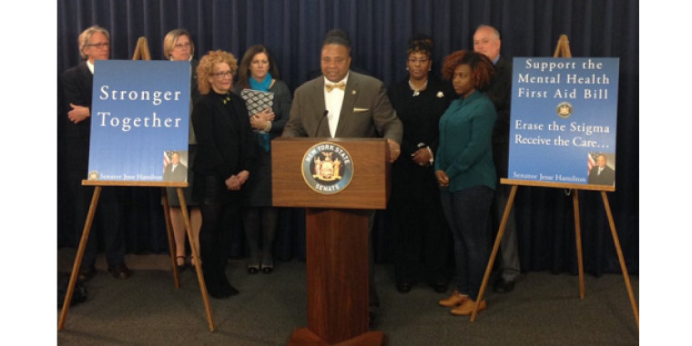 Senator Jesse Hamilton at launch of Mental Health First Aid Bill, January 21, 2016 Albany, NY