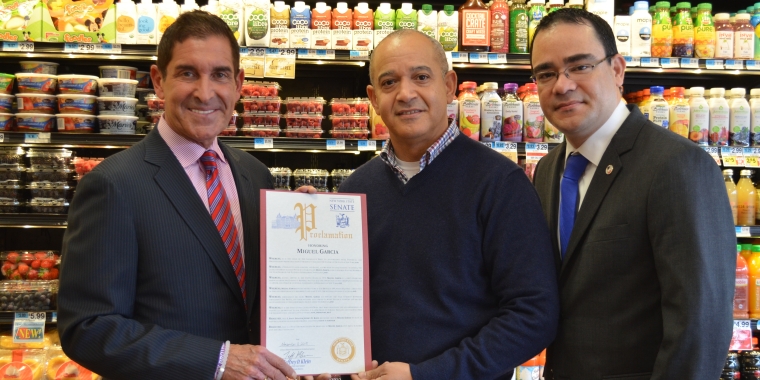 Photo (left to right): Senator Jeff Klein, Miguel Garcia, owner of Big Deal Supermarket, and Haile Rivera, executive director of the National Supermarket Association.