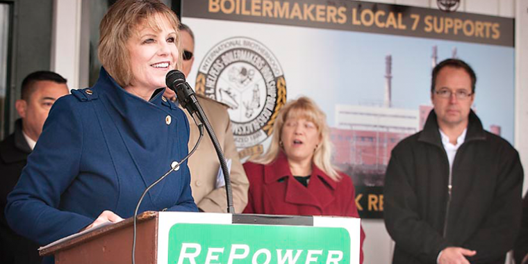 Senator Young address community members gathered at the rally supporting the repowering of NRG.