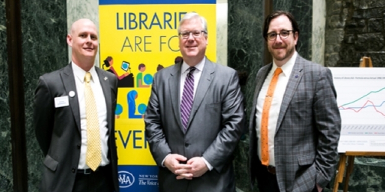 From left to right at today's Library Advocacy Day event in The Well of the Legislative Office Building in Albany: New York Library Association (NYLA)) Executive Director Jeremy Johannesen, Senator O'Mara and NYLA Director of Government Relations & Advocacy Mike Neppl.