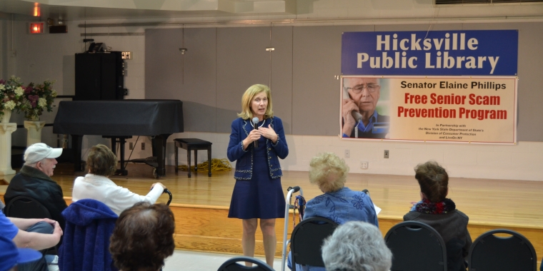 Senator Phillips is pictured discussing some of the recent scams criminals are using to steal from the elderly with seniors at the senior scam prevention program she sponsored in Hicksville.