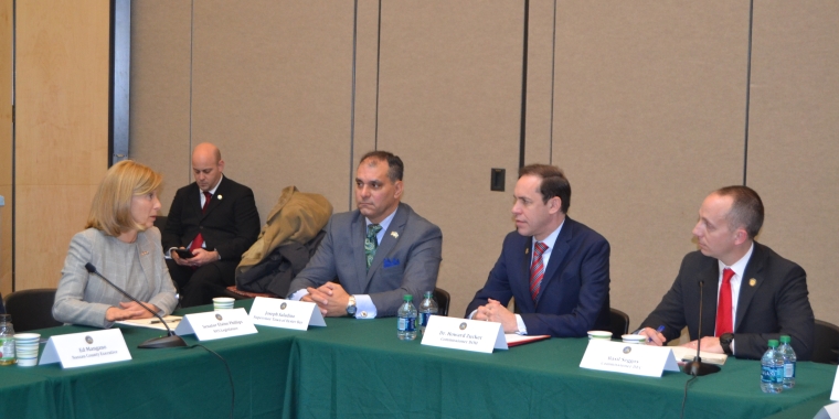 Senator Phillips is pictured discussing efforts to protect Long Island’s water supply with New York State Department of Health Commissioner Dr. Howard Zucker (right center), New York State Department of Environmental Conservation Commissioner Basil Seggos (right) and Town of Oyster Bay Supervisor Joseph Saladino (left center).