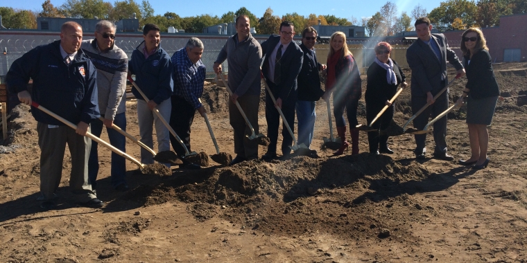 Montgomery County Officials and other distinguished guests officially broke ground on the expansion at the Public Safety facility on Thursday, Oct. 15. Listed from left to right are Emergency Management Director Jeffery T. Smith, Legislator Robert A. Purtell (District 9), State Senator George A. Amedore, Jr., Legislator Joseph M. Isabel (District 8), County Executive Matthew L. Ossenfort, Legislator Ryan B. Weitz (District 4), Legislator Terry A. Bieniek (District 5), Legislator Barbara S. Wheeler (District 7) Clerk of the Legislature Cheryl A. Reese, Legislative Chairman Martin P. Kelly (District 1), Probation Director Lucille Sitterly.
