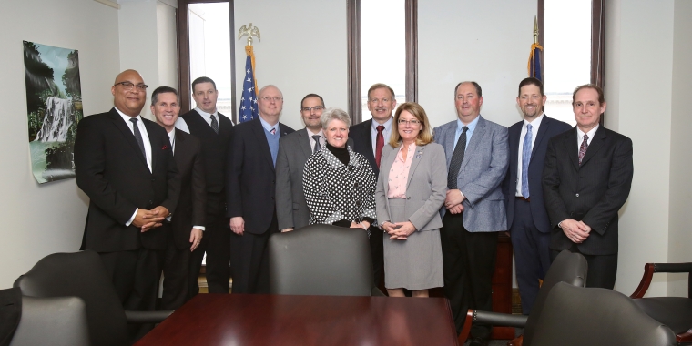 Left to Right: Superintendent Dr. Mathis Calvin (Wayne), Superintendent Robert McKeveny (Seneca Falls), Superintendent Donald Putnam (Lyons), Superintendent Dr. Shawn Van Scoy (Gananda), Superintendent Nelson Kise (Sodus), Superintendent Trina Newtown (Geneva), Superintendent Scott Bischoping (Wayne-Finger Lakes BOCES), Senator Pam Helming, Superintendent Howard Dennis (Penn Yan), Superintendent Matthew Sickles (Phelps-Clifton Springs), and Superintendent Greg Macaluso (Williamson).
