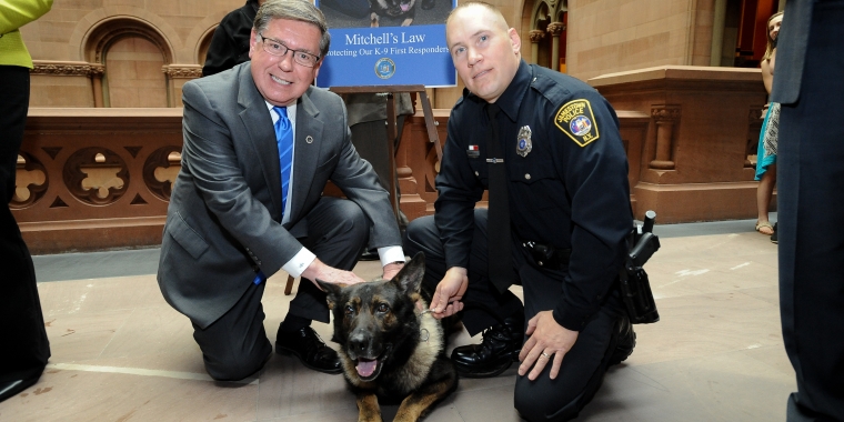Senator Seward with K-9 Mitchell and handler Jamestown Police Officer Eric Kraft during a Capitol press conference announcing support for Mitchell’s Law.
