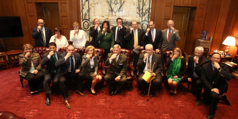 Members of the Senate Task Force on Lyme and Tick-Borne Diseases "Took a Bite Out of Lyme" with a resolution proclaiming May as Lyme Disease Awareness Month in the State of New York.