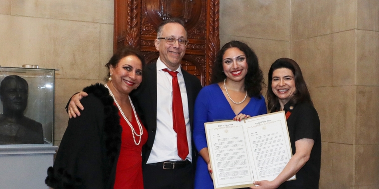 Sahar and her parents join Senator Kaplan in Albany for a special recognition in the Senate Chambers. L-R: Dr. Shanaz Malekan, Ben Tartak, Sahar Juliet Tartak, Senator Anna M. Kaplan.