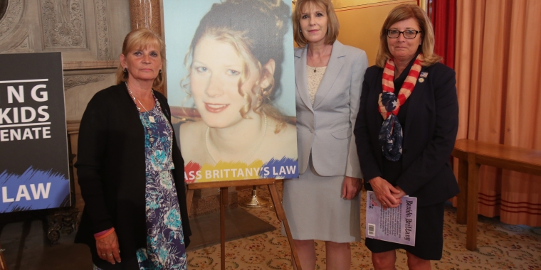 Last year, Dale Driscoll, Helen Buchel's mother and Brittany's grandmother, traveled to Albany to urge the Assembly to pass Brittany's Law. We are pictured here alongside a photo of Helen who would have turned 43 years old today. Senator Pam Helming, who represents the district where the crime occured, is standing next to me.