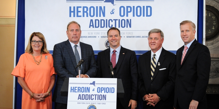 Sen. Rob Ortt joins Senate colleagues in announcing statewide funding for county jail-based substance use disorder treatment. (L-R: Sen. Pat Helming, Sen. Joe Robach, Sen. Rob Ortt, Sen. Rich Funke and Sen. Chris Jacobs)