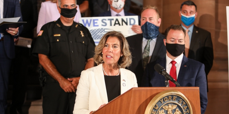 New York State Senator Daphne Jordan (R,C,I-Halfmoon) speaks during a press conference held at the State Capitol unveiling the Senate Republican Conference's new "Protect Those Who Protect Us" legislative package. Senator Jordan and her Senate Republican colleagues were joined today by members of law enforcement from across Senator Jordan's 43rd Senate District including Captain John DeRocha of the Columbia County Sheriff's Office; Saratoga County Undersheriff Richard Castle; Captain Jeffrey Brown of the Saratoga County Sheriff's Office; Saratoga Springs Police Department Chief Shane Crooks, and Rensselaer County Sheriff's Office Deputy Kyle Bourgault.