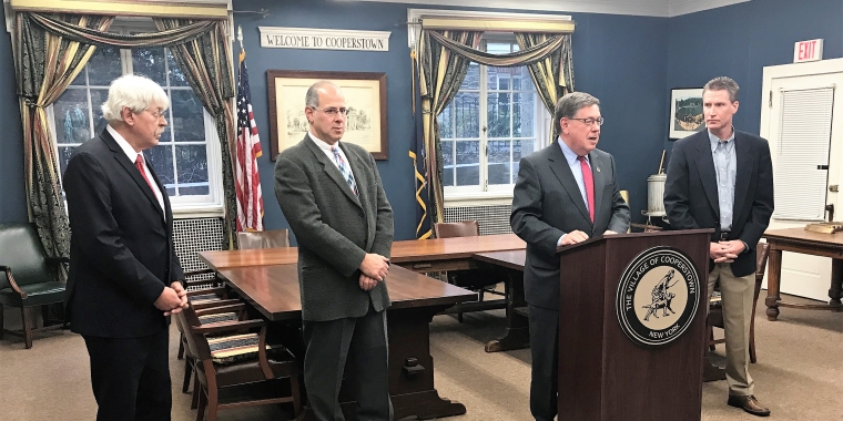 Senator Seward announces a $250,000 state grant to fund a WiFi hotspot program in the Village of Cooperstown. From left, Otsego Now CEO Jody Zakrevksy, Village of Cooperstown Mayor Jeff Katz, Senator James L. Seward, Midtel President Jim Becker.