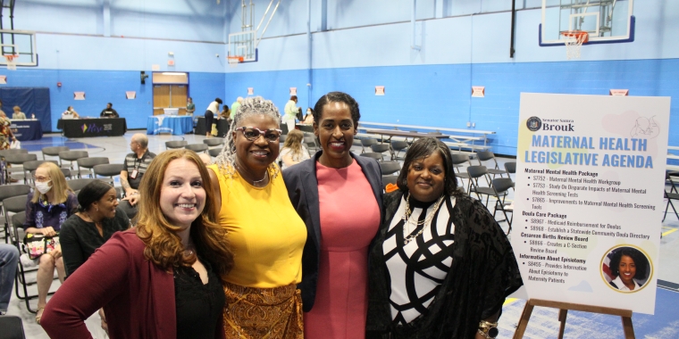 Senator Brouk with panelists Sherita Bullock, Executive Director of the Healthy Baby Network; Dr. Stephanie Godleski, Associate Professor at the Department of Psychology at Rochester Institute of Technology; and Phyllis Sharp, an experienced Birth Doula at Royalty Birth Services, LLC.