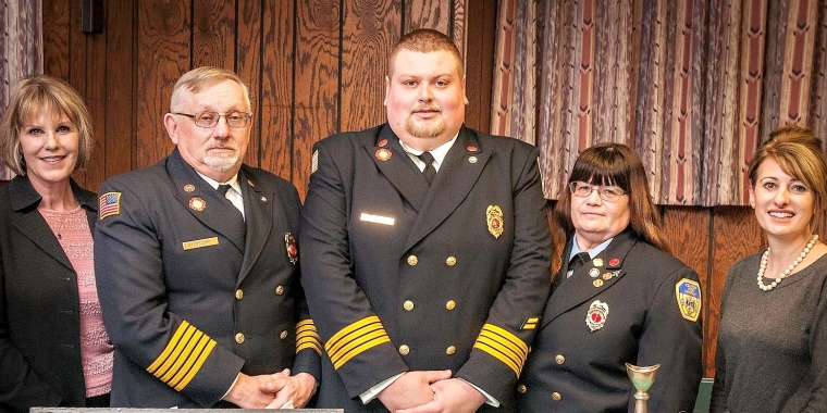 Senator Catharine Young with Chief Tim Nelson, Assistant Chief Jordy Bailey (10 years of service), Celoron Hose Company Vice President Rose Nelson and Chautauqua County District 15 Legislator Lisa Vanstrom.