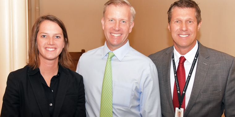 Evergreen Health Director of Substance User Health Policy Emma Fabian and President & CEO Ray Ganoe are pictured with Senator Chris Jacobs after announcing $25,000 in funds to support addiction recovery programs.