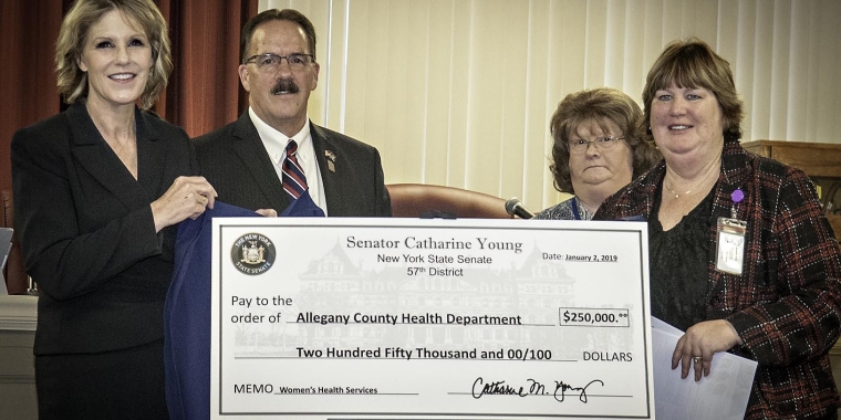 From left to right: Senator Cathy Young, Chairman Curt Crandall, Public Health Educator Theresa Moore, Allegany County Public Health Director Lori Ballengee