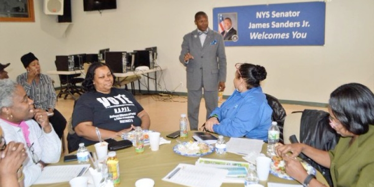 Senator Sanders greets the participants who have joined his financial boot camp program at a celebration on April 19, 2018 at the Arverne By the Bay Community Center.