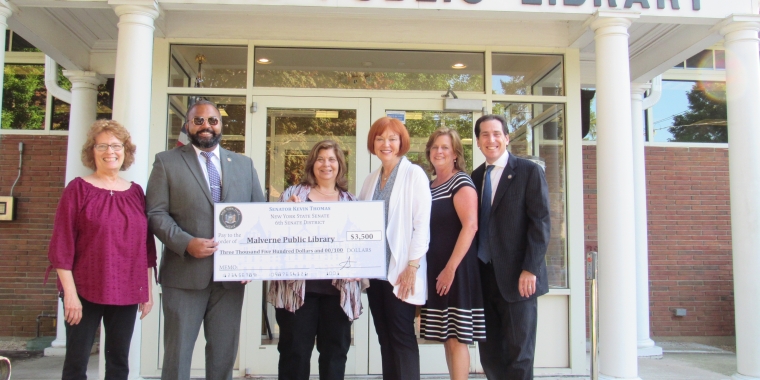 Pictured from left: Library Board Trustee Diane Callaghan, Senator Kevin Thomas, Library Director Carol Lagos, Library Board President Rita Chiachiere, Assemblywoman Judy Griffin, Senator Todd Kaminsky.