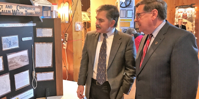Senator James L. Seward (right) reviews student history projects with Dr. Paul S. D’Ambrosio, president and CEO of Fenimore Art Musem and The Farmers’ Museum during final judging of New York History Day.